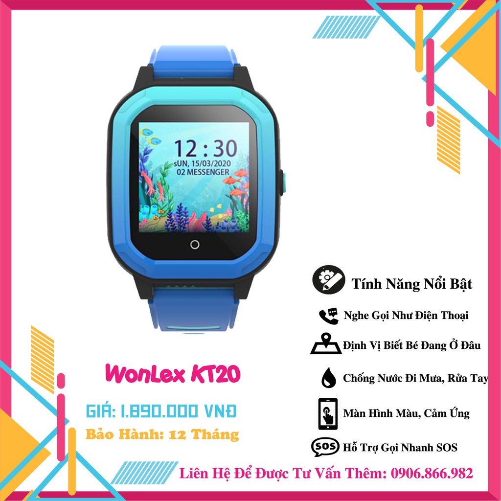 Đồng Hồ Định Vị Trẻ Em Chống Nước Chính Hãng Wonlex KT20, Màn Hình Cảm Ứng, Có RUNG, Video Call Định Vị GPS, Màu Xanh