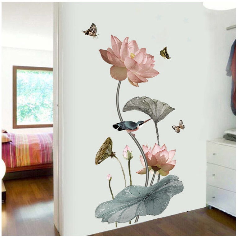 Decal dán tường trang trí - Sen hồng lá xanh cùng chim sẻ và bướm xanh cao cấp