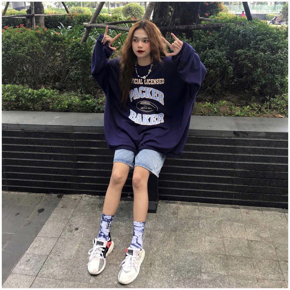 Áo Sweater Nữ Dài Tay PACKER Áo Nỉ Tăm Cổ Tròn Màu Xanh Form Rộng Unisex Cá Tính | BigBuy360 - bigbuy360.vn