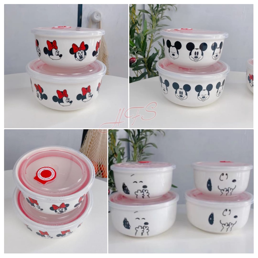 Tô Sứ Có Nắp 2 Trong 1 In Hình Chuột Mickey Minnie Snoopy Vacum