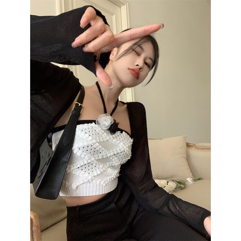 HUANG YOYO Bộ Trang Phục Hai Mảnh Gồm Áo Hai Dây Dệt Kim Dáng Ngắn Phong Cách Thời Trang Hàn Quốc Cho Nữ