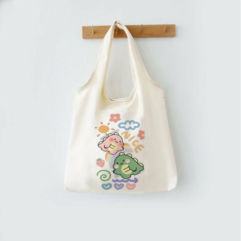 Túi đeo vai đi làm, đi học đẹp giá rẻ, form to, 2 lớp, vải canvas - KHỦNG LONG CUTE