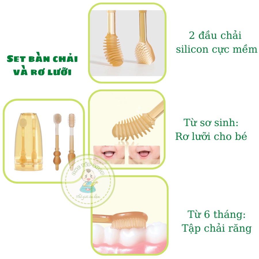 Các loại bàn chải rơ lưỡi silicon, bàn chải đánh răng sợi tơ cho bé từ 0-6 tuổi