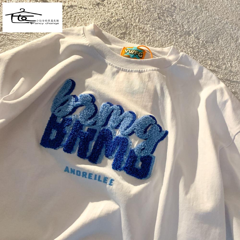 Áo Thun Cotton Ngắn Tay Thêu Chữ Phong Cách Đường Phố Mỹ