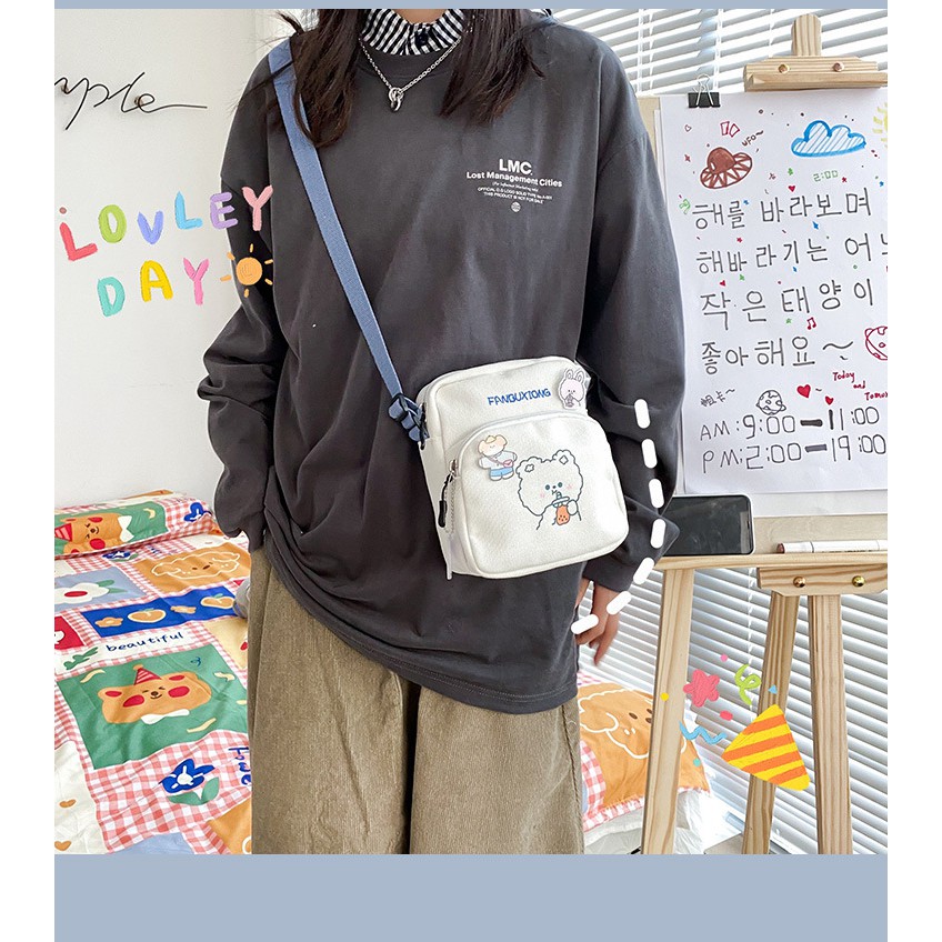 Túi Vải Canvas Đeo Chéo Phong Cách Hàn Quốc Xinh Xắn Dành Cho Nữ