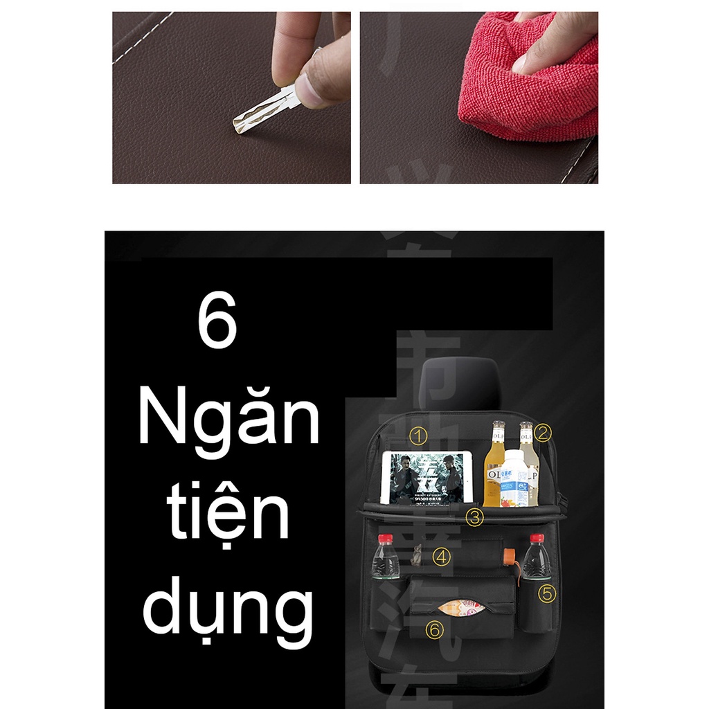 Giá đựng đồ gắn sau ghế xe hơi, Túi da PU treo lưng ghế ô tô nhiều ngăn tiện lợi, có tích hợp bàn để đồ mini