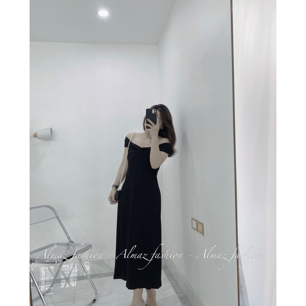 Váy đen trễ vai soắn ngực, váy đi tiệc đám cưới sang trọng chất thun gân siêu mềm siêu mát - Almaz Fashion