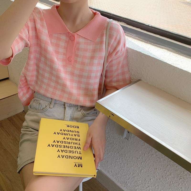 Áo thun POLO ngắn tay dáng rộng họa tiết sọc caro phong cách Hàn Quốc thời trang mùa hè | BigBuy360 - bigbuy360.vn