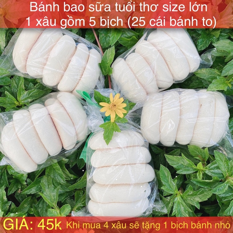  Bánh bao sữa tuổi thơ size lớn 1 xâu 5 bịch mỗi bịch 5 cái(25 cái) mua 4 xâu tặng 1