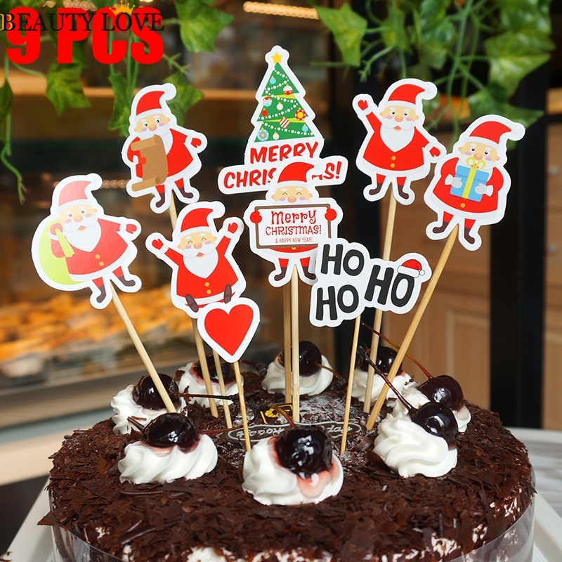 [Hàng Mới] Set 9 Phụ Kiện Trang Trí Giáng Sinh / Bánh Kem Hình Ông Già Noel