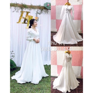 (nhận may theo size) đầm dạ hội cưới phi trắng tay dài váy xoè, đầm cô dâu đám hỏi đính hôn kín đáo giá rẻ