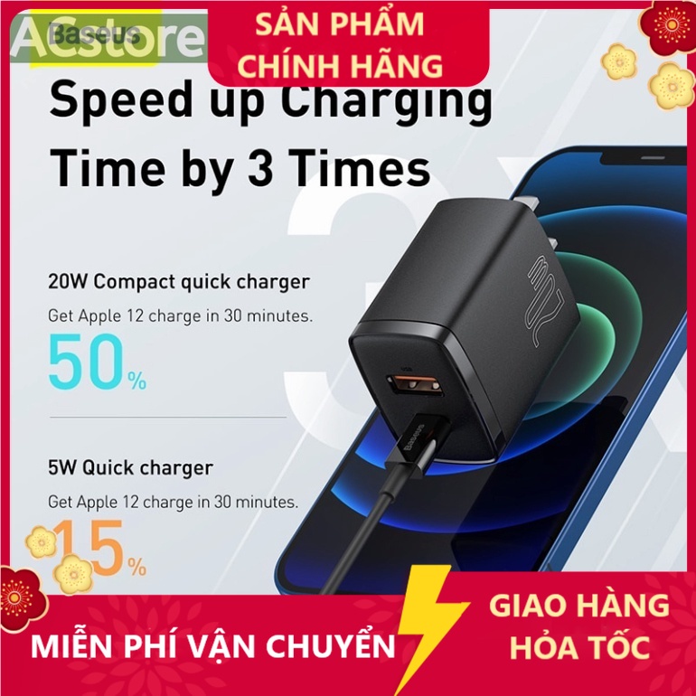 20W Củ Sạc Baseus 20W PD  Baseus Compact Quick Charger 20W (USB + Type C Dual Port, 20W PD/QC 3.0  ACstore