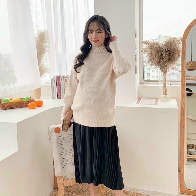 Chân váy bầu dập li hàng đep dáng dài