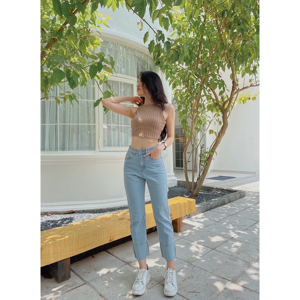 Quần jean nữ ống suông lật lai cao cấp LUCETFASHION