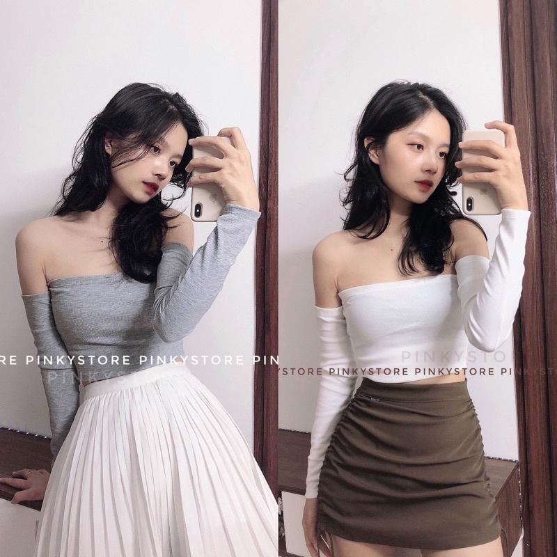 (5 màu) Áo croptop tay dài trễ vai PINKYSTORE