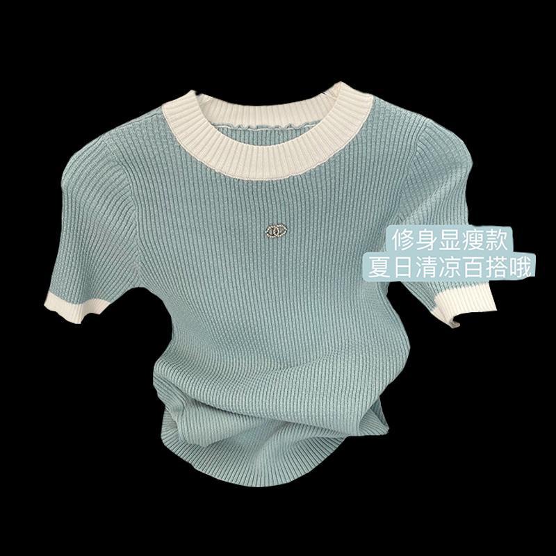 Áo Thun Lụa Lạnh Tay Ngắn Màu Sắc Tương Phản Phong Cách Pháp Thời Trang Mùa Hè Cho Nữ