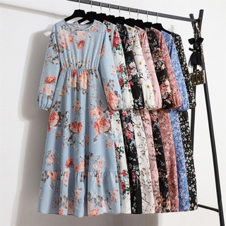 Đầm Maxi Tay Dài Cổ Tròn Hoạ Tiết Hoa Phong Cách Bohomian
