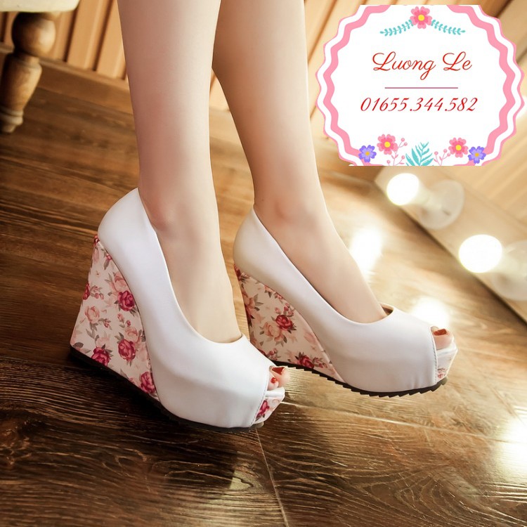 GIày đế xuồng hở mũi chất da lì đế hoa 3 màu hồng trắng xanh Ms x141