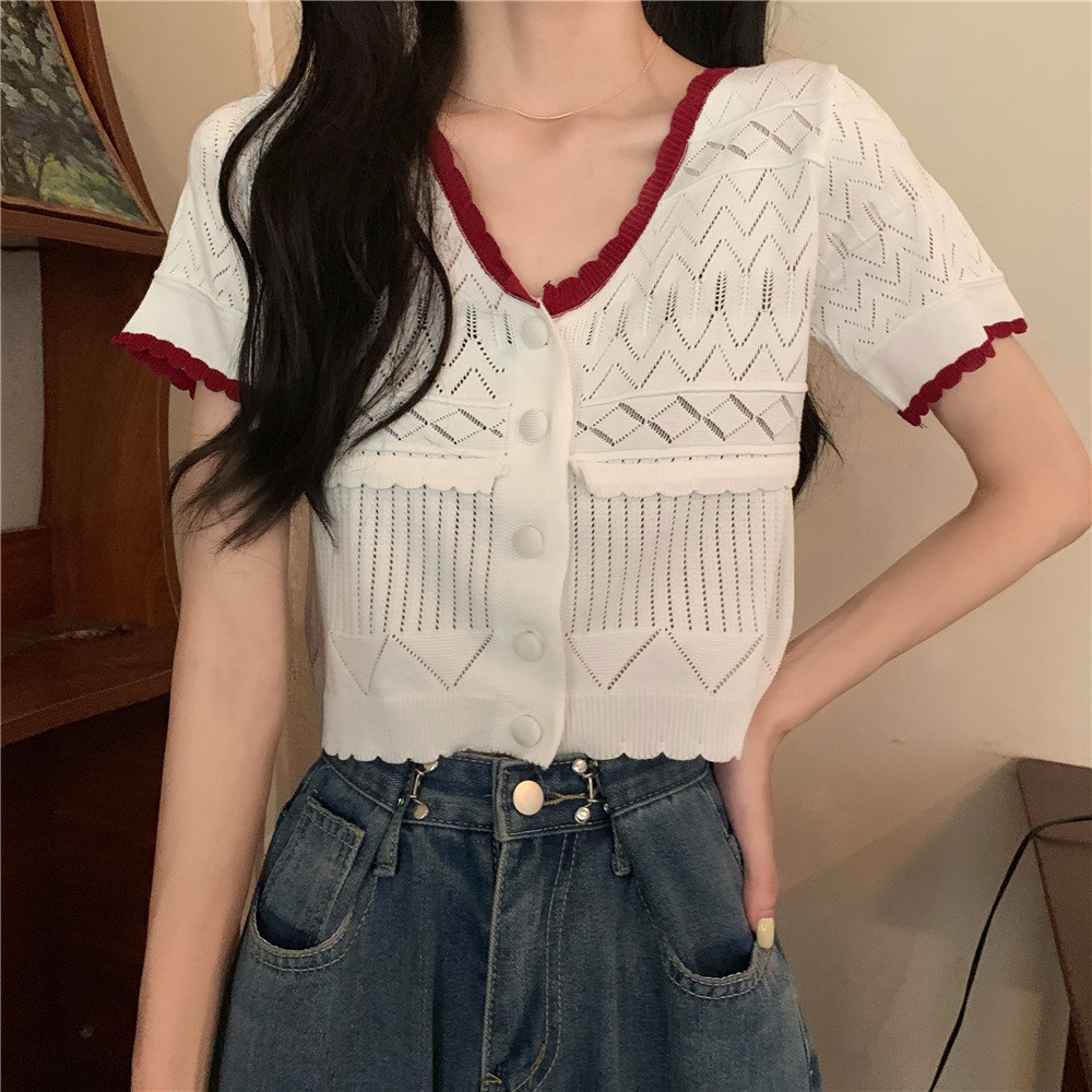 Áo lửng dệt kim ZHELIHANGFEI tay ngắn cổ chữ V thời trang dễ thương dành cho nữ