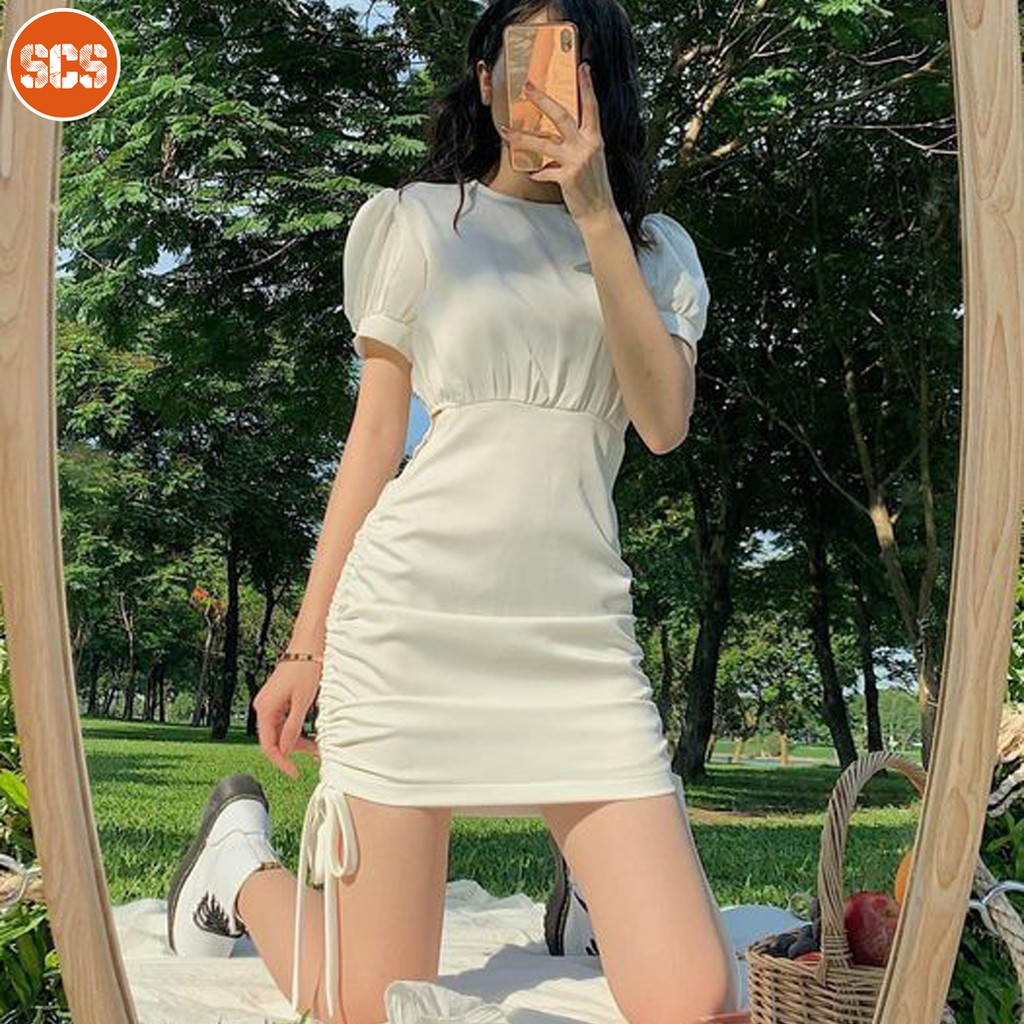Đầm body trắng dây rút eo tay phồng siêu xinh, chất liệu cotton mềm cao cấp