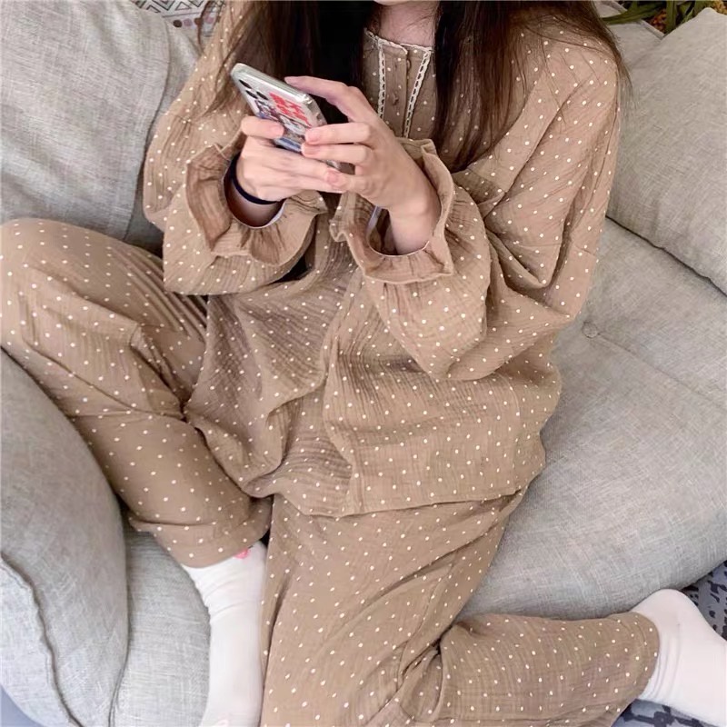 Bộ đồ ngủ không cổ - Hoạ tiết chấm bi màu nâu - SW0049