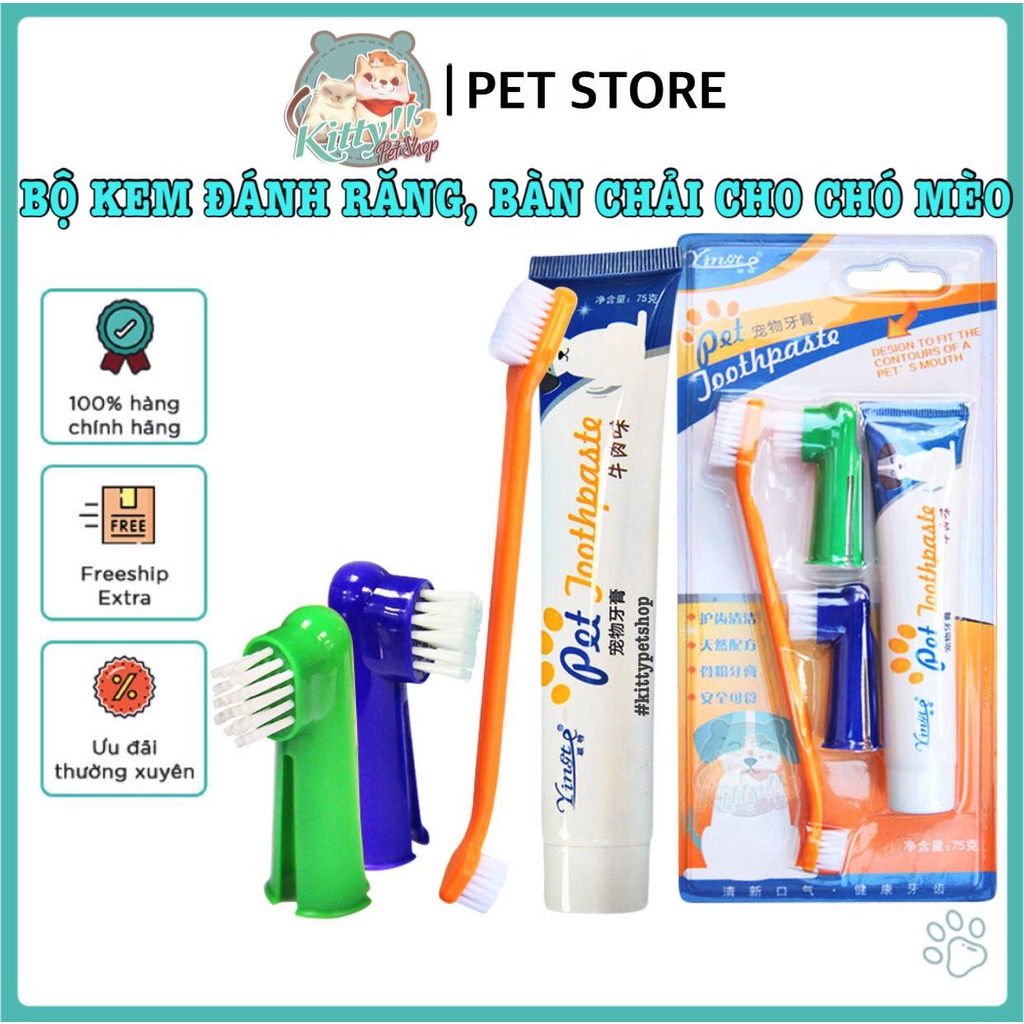 Bộ bàn chải và kem đánh răng dành cho chó mèo Pet Toothpaste, chăm sóc răng miệng thú cưng - Kitty Pet Shop B