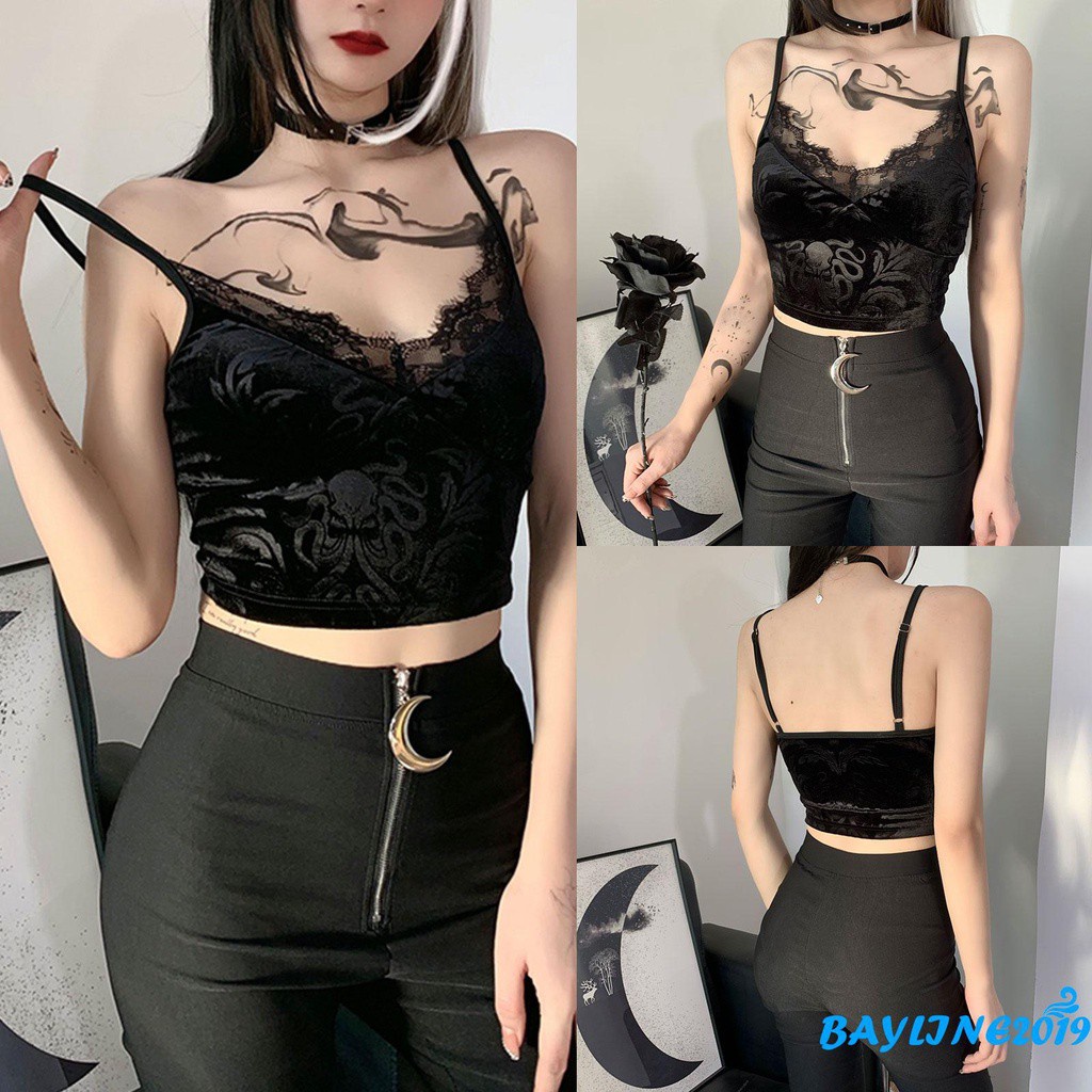Áo lửng hai dây cổ V viền ren màu đen thời trang quyến rũ cho nữ