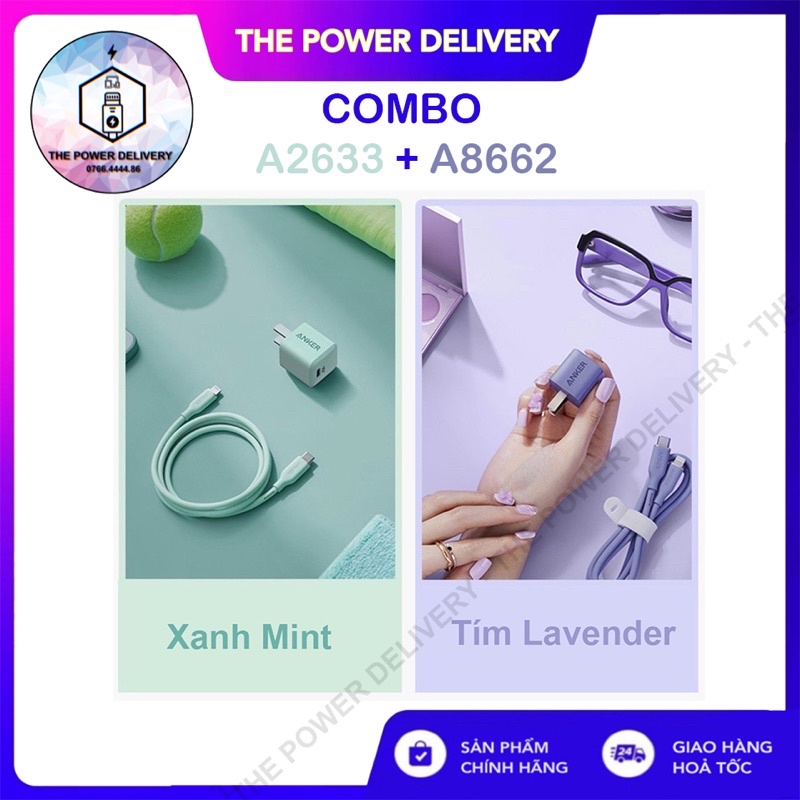 Bộ Sạc nhanh Anker PowerPort Nano 20W A2633 + Cáp Powerline III Flow A8662 Xanh Mint Tím Lavender