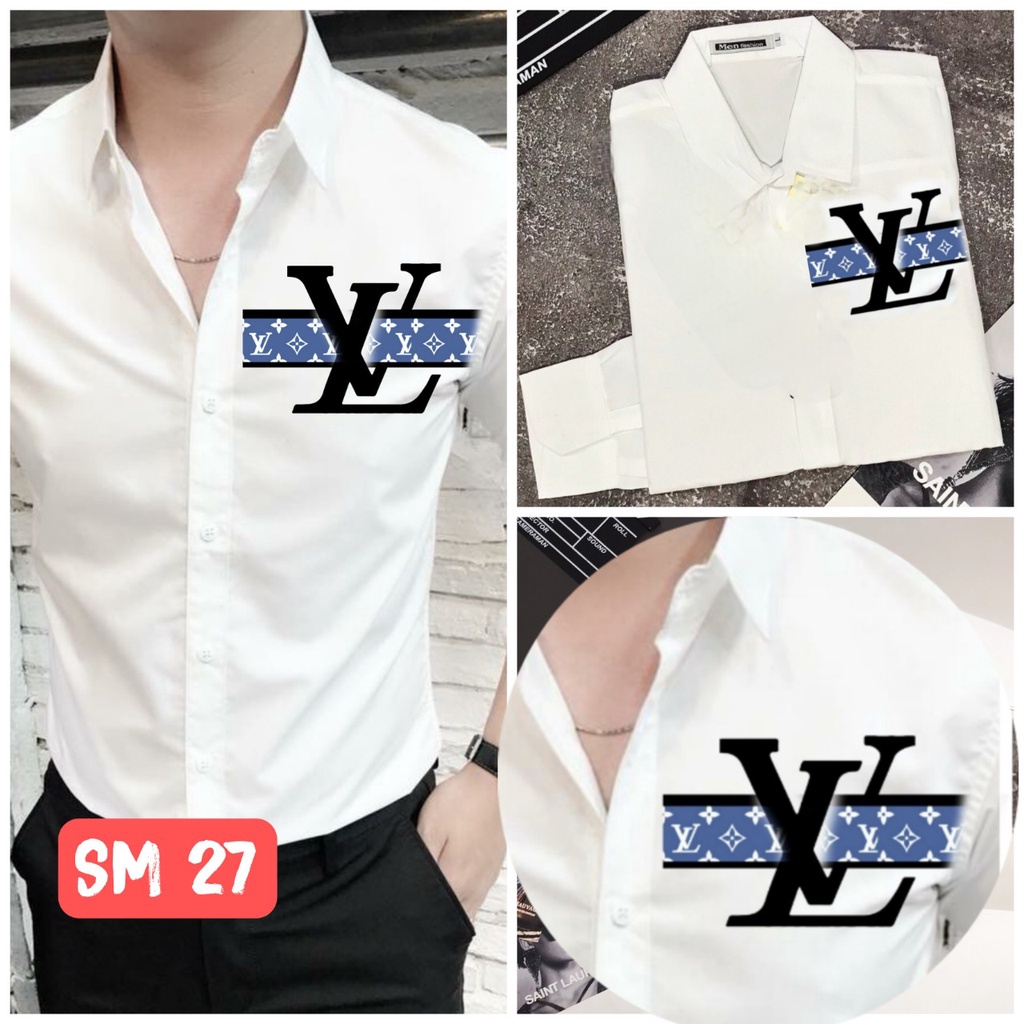 ÁO SƠ MI NAM TAY DÀI TRẮNG HỌA TIẾT CHỮ, LOGO NV PHÙ HỢP ĐI CHƠI, ĐI LÀM