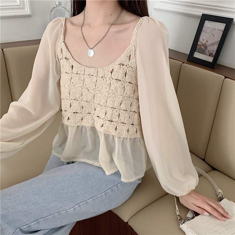Áo kiểu SUXI phối chiffon tay ngắn phong cách Hàn Quốc thanh lịch thời trang dành cho nữ