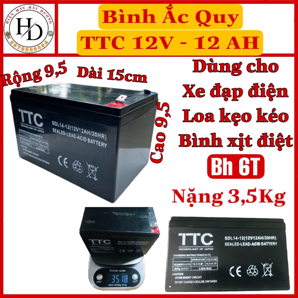 Bình ắc quy khô 12V 12AH TTC. Nặng 3.5 KG.Ắc Quy bình xịt điện,loa kẹo kéo,chế phun sương BH 6T
