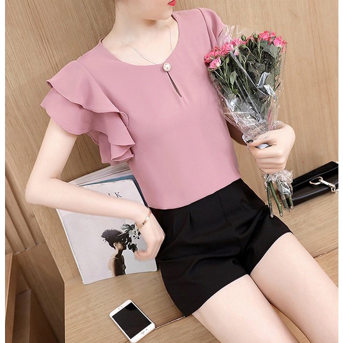 Áo Kiểu Cổ Phối Ngọc Tay Cánh Dơi 2 Tầng Cách Điệu