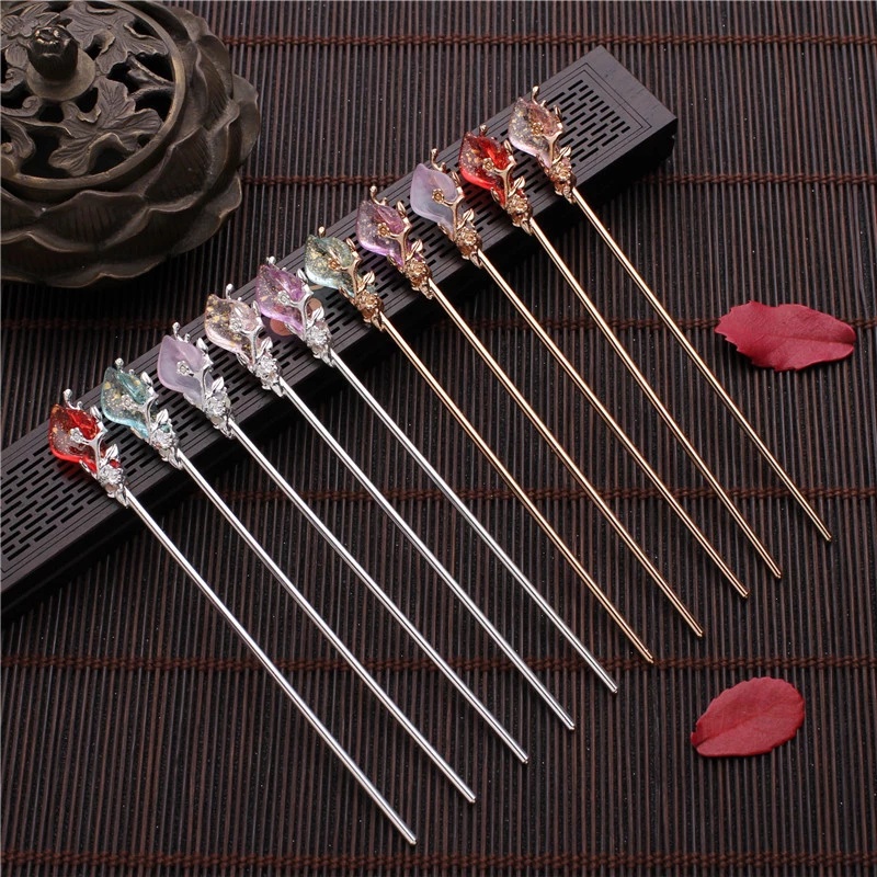 Trâm cài tóc đính đá kim loại nhiều màu phong cách Trung Hoa cổ điển cho nữ