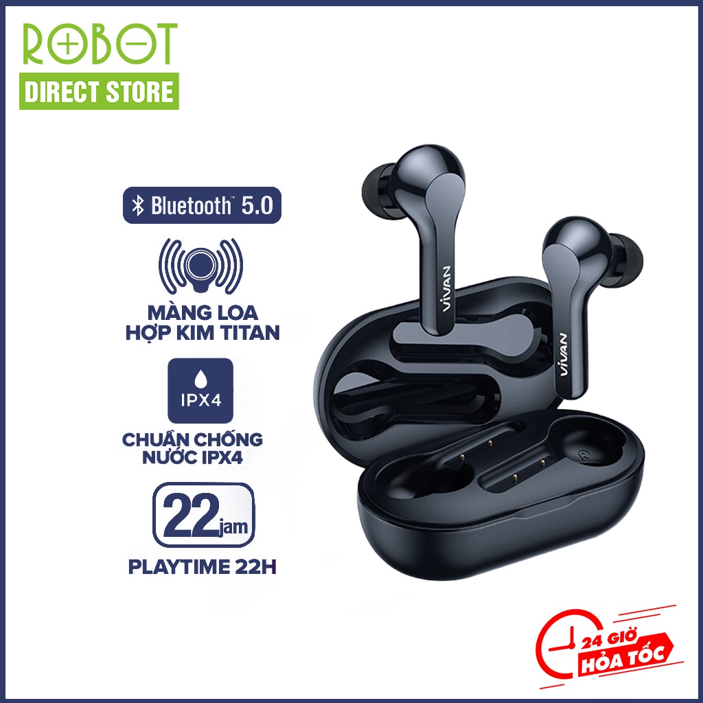 Tai nghe không dây Bluetooth 5.0 Vivan T200 Robot Direct Store true wireless chống nước cảm ứng thông minh pin 22h