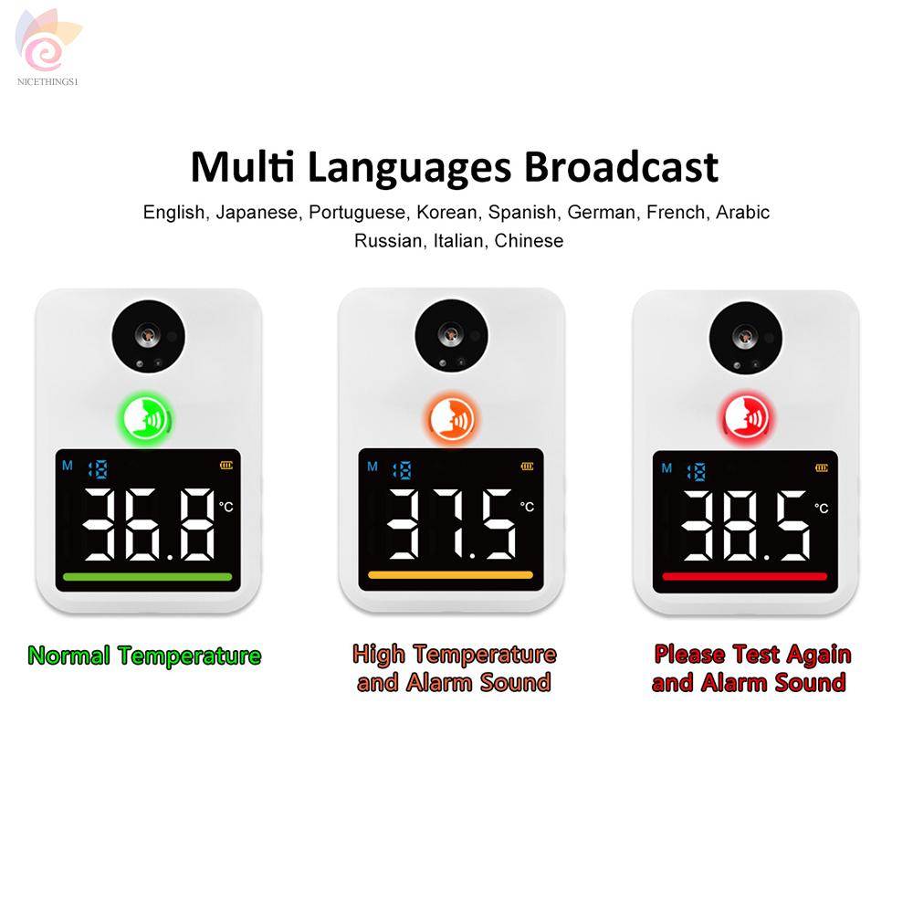 ET Wall Mounted Non-contact IR Thermometer with Multi-Language Voice Broadcast ℃/ ℉ Auto Measuring Forehead Thermometers 3-Color Fever Alarm Wall or Tripod for Home Office School Public Places