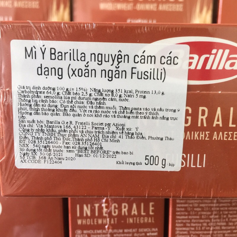 Mì Ý Nguyên Cám Barilla Hộp 500g-Mì Nui Lúa Mạch Đen Các Kiểu Ống Tre,Xoắn Ngắn-Giảm Cân Ăn Kiêng Chay Nhập Khẩu Italia