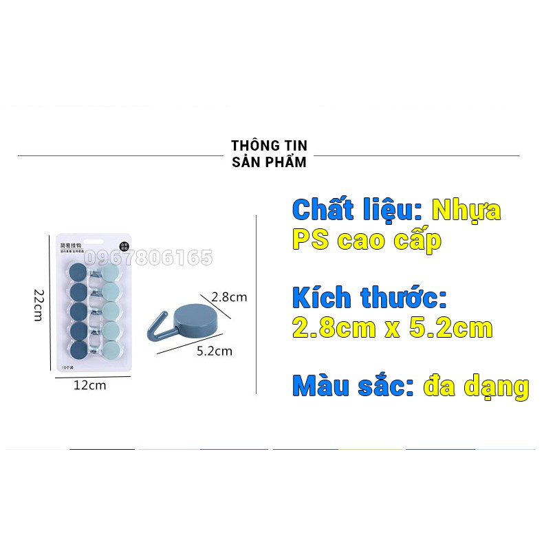 Vỉ 10 móc nhựa tròn dán tường siêu dính, siêu chịu lực