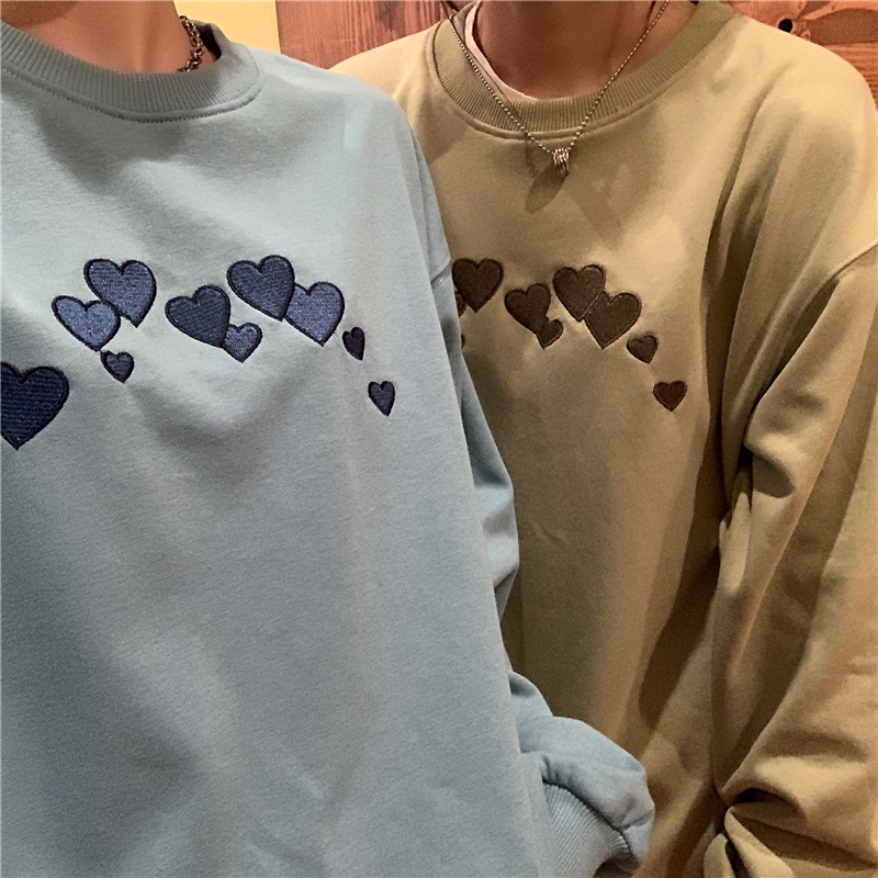 Áo thun tay dài cổ tròn dáng rộng in hình trái tim phong cách Hàn Quốc dễ thương cho nữ