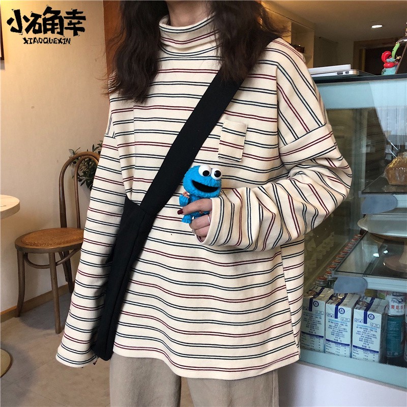 Áo Thun Tay Dài Cổ Cao Họa Tiết Kẻ Sọc Phong Cách Harajuku Hàn Quốc Thời Trang Xuân Thu Cho Nữ