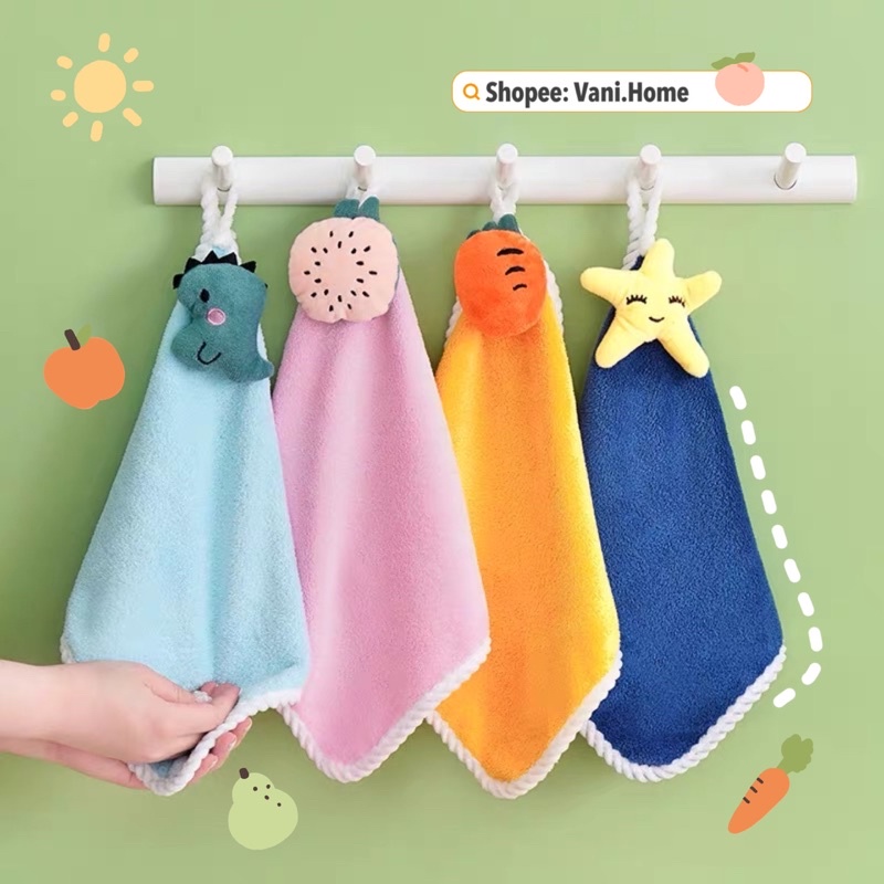 Khăn lau tay treo tường nhà bếp nhà tắm hình trái cây và hình thú dễ thương chất vải mềm mịn thấm hút tốt có quai treo