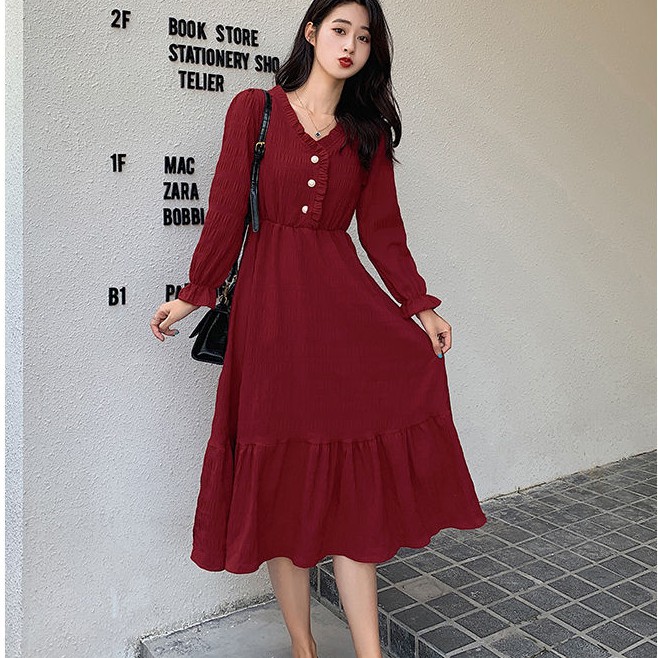 Phong cách mới của Hepburn váy trắng kiểu Pháp váy dài tay thắt lưng váy cổ tích dài giữa
