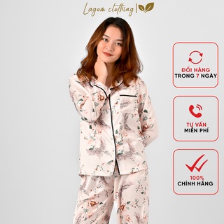 Bộ đồ ngủ lụa Latin mặc ở nhà với họa tiết Hoa Hạc dài