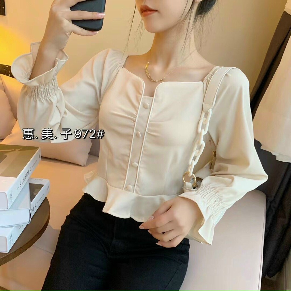 Áo  Croptop Dài Tay Cổ Vuông  Bèo |Sơ mi nữ Công Sở Cổ Vuông - Hàng Quảng Châu Thiết Kế | BigBuy360 - bigbuy360.vn