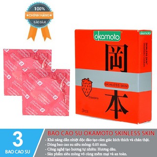 [HÀNG CHÍNH HÃNG] Bao cao su Okamoto Skinless Skin Strawberry, Hộp 3 cái, Nhật Bản, Siêu mỏng, hương dâu,_ Dùng cực chất