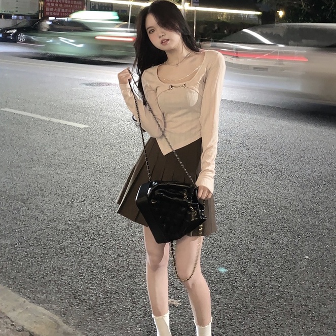 Áo thun ZHELIHANGFEI vải dệt kim tay dài phối dây xích cá tính trẻ trung cho bạn gái