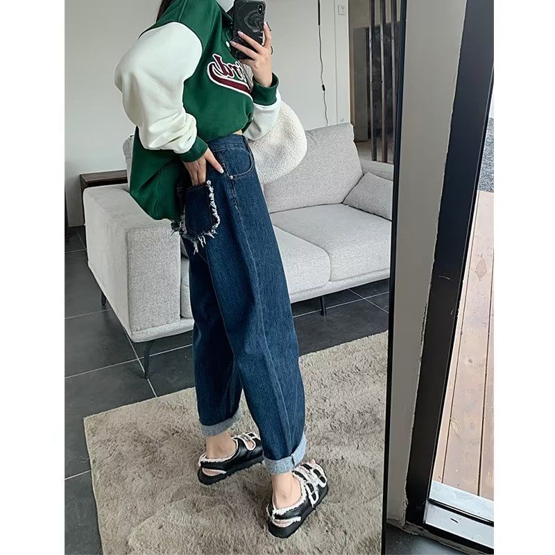 [Spot] Quần Jean Dài Dáng Suông Lưng Cao Ôm Dáng Có Túi Phong Cách retro Hàn Quốc Hợp Thời Trang Cá Tính
