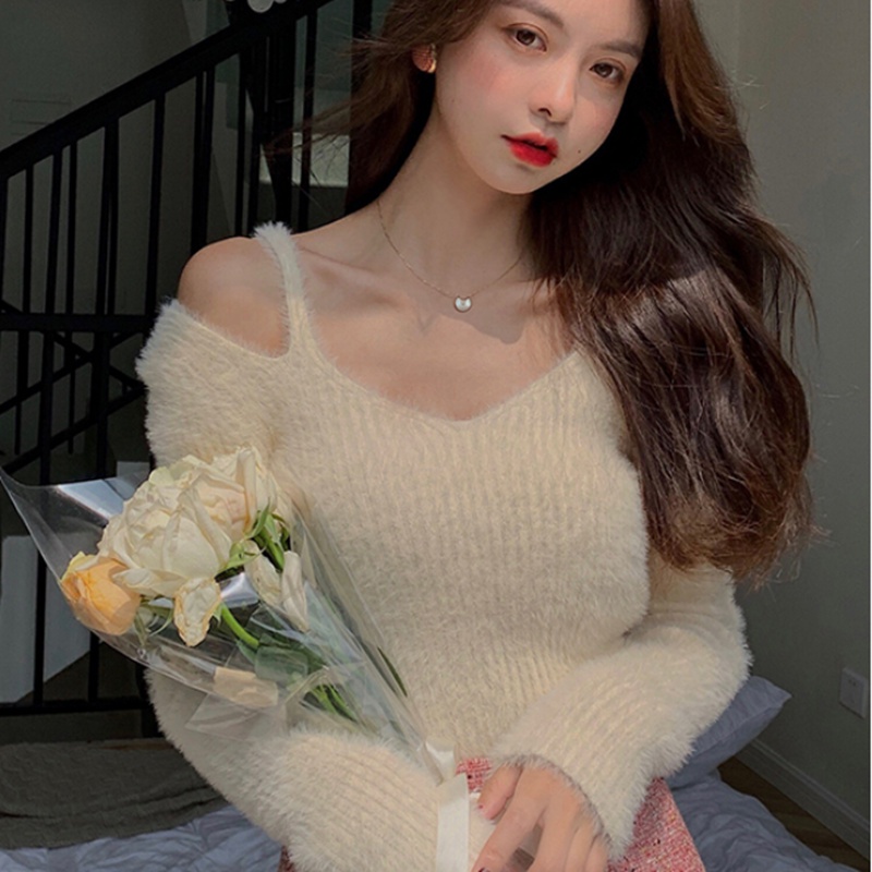 SUXI Áo kiểu dệt kim tay dài ôm dáng trễ vai phong cách Hàn Quốc thời trang mùa thu dành cho nữ