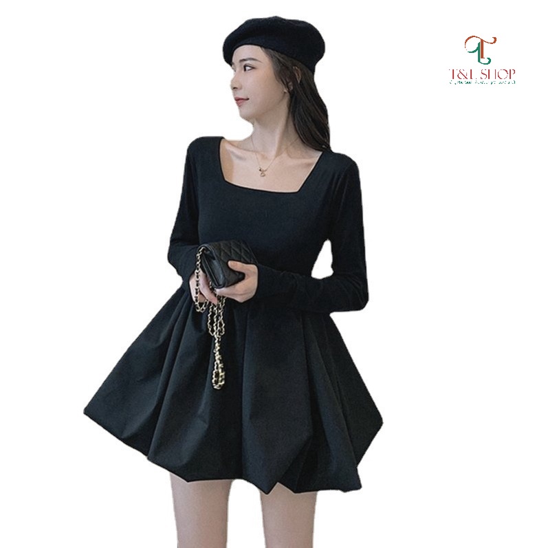 Đầm Xoè Ngắn Tay Dài Cổ Vuông Đơn Giản Thanh Lịch Hàn Quốc