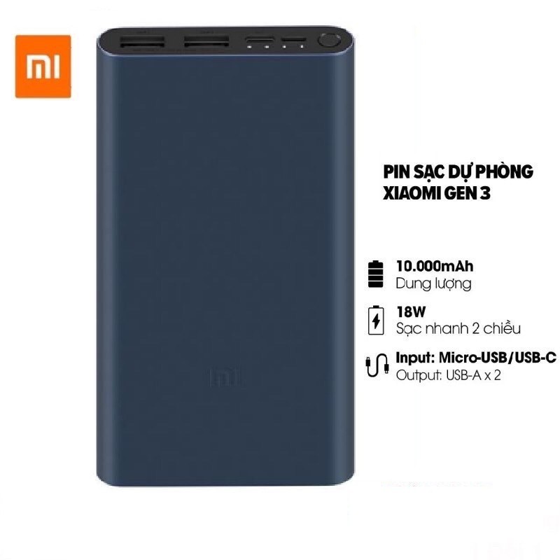 Sạc dự phòng Xiaomi Gen 3, Pin dự phòng sạc nhanh dung lượng 10000mAh chính hãng XIAOMI vỏ nhôm nguyên khối