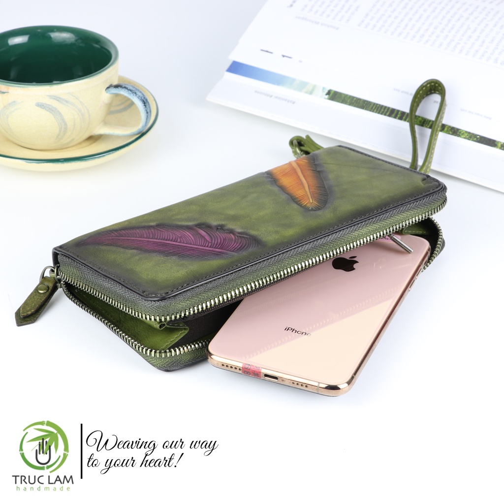 Ví Dài Cầm Tay Thời Trang Nữ Da Thật Cao Cấp Có Khóa Kéo Họa Tiết Lông Vũ – Trúc Lâm Handmade